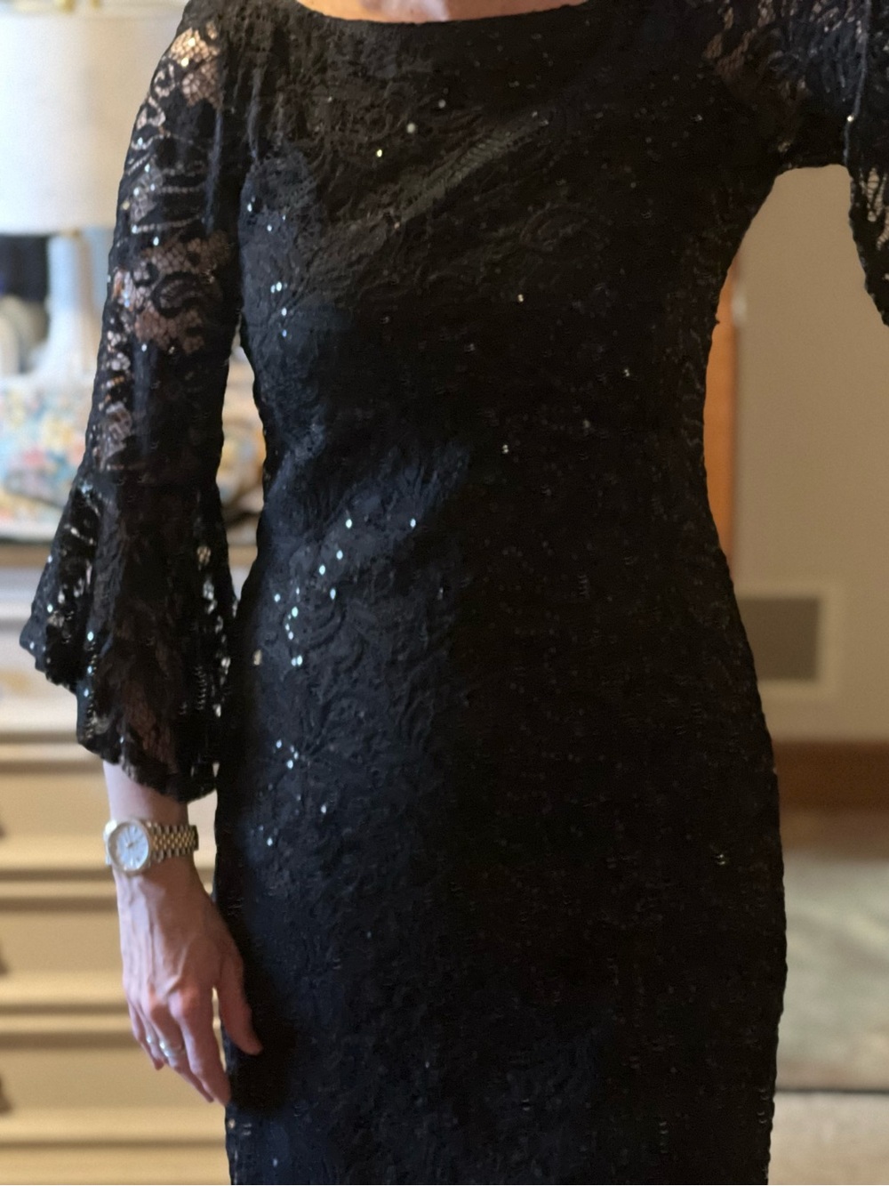 Black Lace Long-Sleeve Sequin Dress
